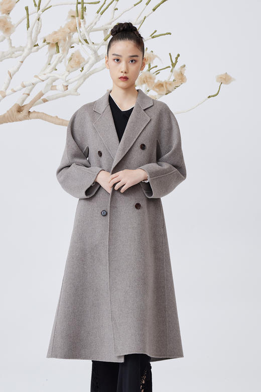  双排扣水波纹羊绒呢女长大衣 SJF92W821A 商品图0