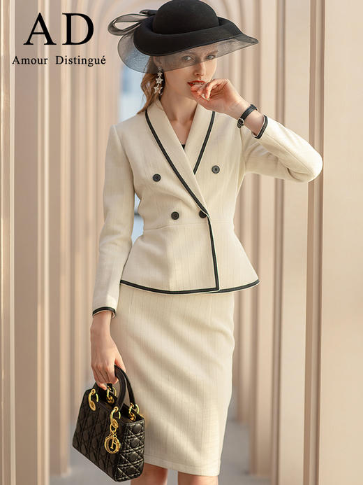 AD名媛小香风白色镶边西装套装职业装气质女神范秋冬高端时尚套裙 商品图1
