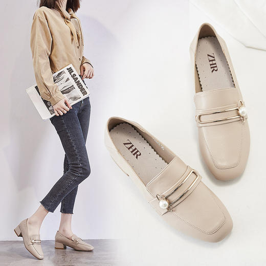 ZHR乐福鞋女中跟单鞋英伦风一脚蹬粗跟小皮鞋 商品图0