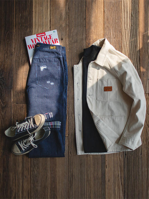 工装精选日系复古着感条纹吊带裤阿美咔叽宽松阔腿背带连体裤男潮 商品图1