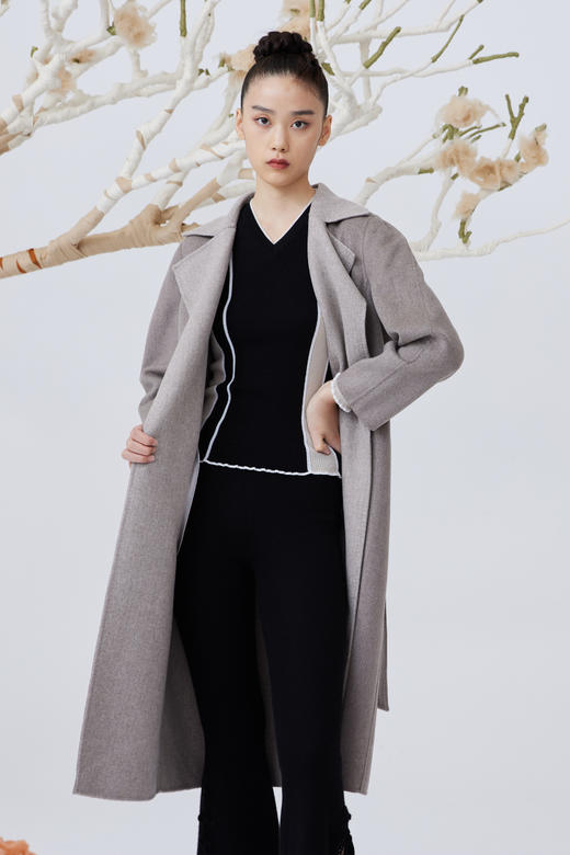  双面提花羊绒呢女长大衣 SJF93W849N 商品图0