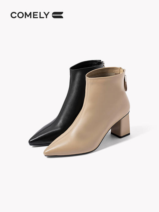 康莉2021年冬季新款时装靴女粗跟尖头羊皮短筒高跟瘦瘦靴	KYQ18522DU01DD1 商品图4