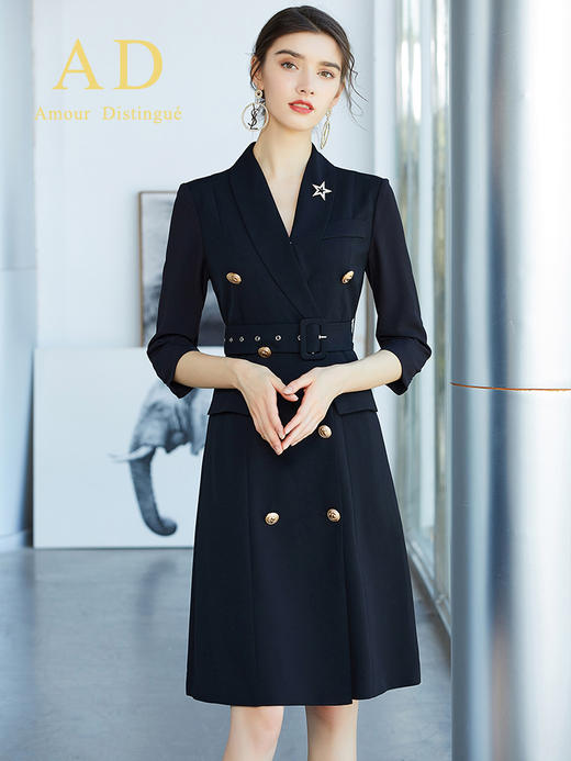 AD高端七分袖双排扣西服连衣裙黑色收腰西装裙职业装售楼工作服 商品图3
