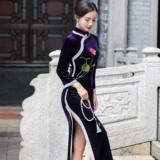 优雅修身，韩国绒长款复古宴会走秀改良旗袍BJ-2194 商品图2