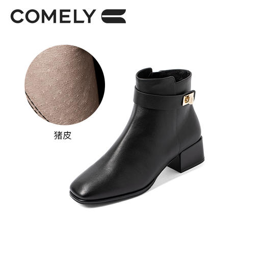 康莉2021年冬季新款时装靴女中跟复古方头简约短靴KYQ18506DU01DD1 商品图3