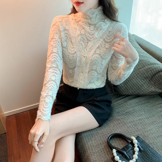 ZY-4194.292638秋冬新款修身显瘦磨毛蕾丝衫百搭半高领打底内搭长袖上衣女 商品图2