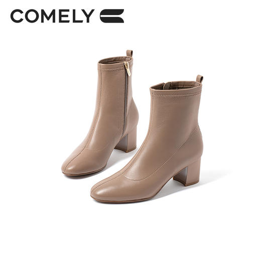 康莉时装靴女 2021年冬季新款软羊皮复古圆头高跟短靴KYQ18601DU01DD1 商品图4