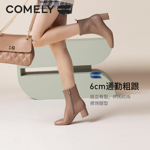 康莉时装靴女 2021年冬季新款软羊皮复古圆头高跟短靴KYQ18601DU01DD1 商品图0