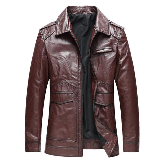 【真皮】大依优型大码皮衣潮款加肥加大牛皮翻领夹克外套休闲简约大号皮夹克真皮皮草 商品图1