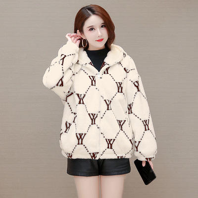 WE- LRX-QTL9917YY 小香风加绒加厚羊羔毛外套女短款2021冬新款印花连帽气质减龄上衣 商品图2