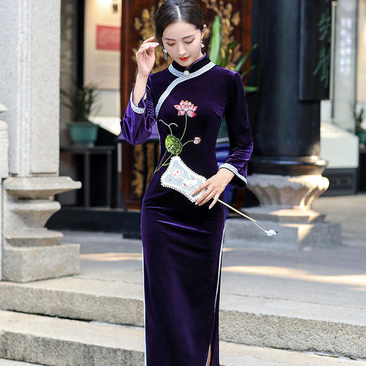 优雅修身，韩国绒长款复古宴会走秀改良旗袍BJ-2194 商品图0
