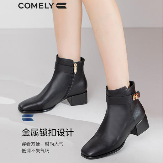 康莉2021年冬季新款时装靴女中跟复古方头简约短靴KYQ18506DU01DD1 商品图0