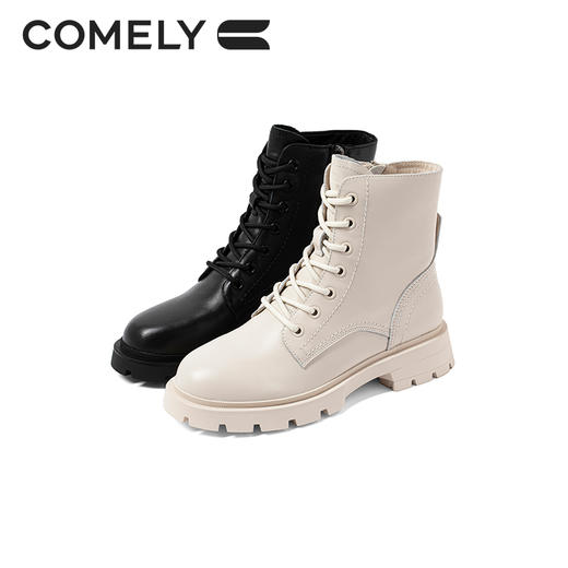 康莉短靴女2021年冬季新款厚底增高真皮绑带白色马丁靴KJH18666BU01DD1 商品图2