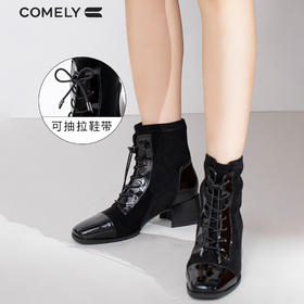 康莉2021年冬季新款短靴女粗跟弹力英伦风中跟系带瘦瘦靴KYQ08580DU01DD1