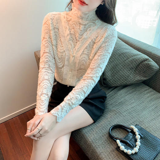 ZY-4194.292638秋冬新款修身显瘦磨毛蕾丝衫百搭半高领打底内搭长袖上衣女 商品图1