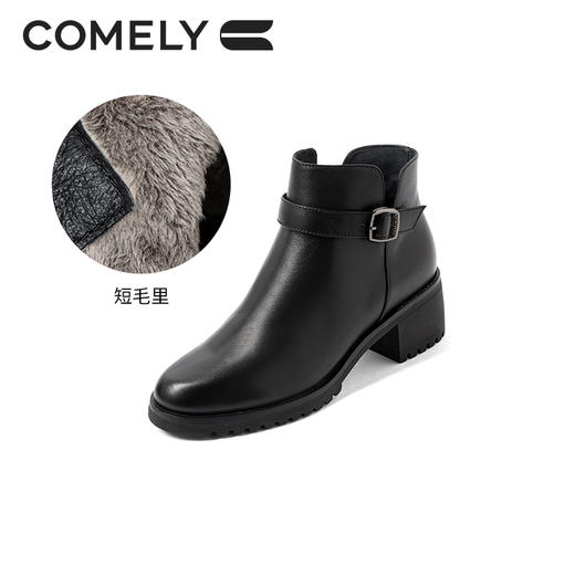 康莉2021冬季新款时装靴女粗跟真皮简约中跟短筒靴子KYQ18512DU01DD1 商品图2