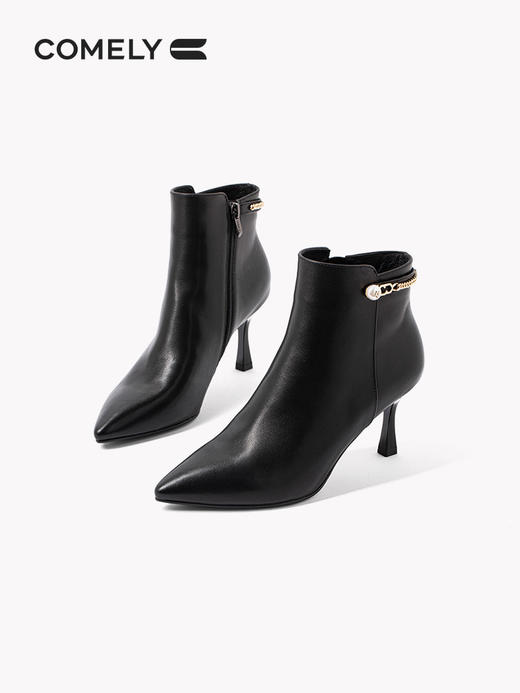 康莉时装靴女时尚细跟2021年冬季新款真皮简约高跟职业靴瘦瘦短靴KYQ18800DU01DD1 商品图4