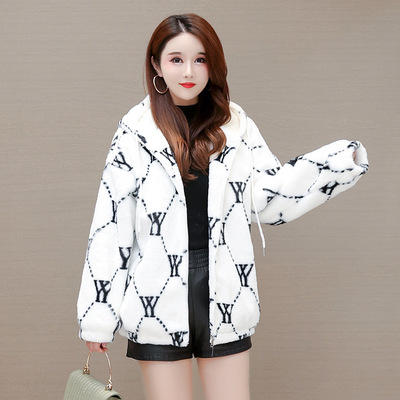 WE- LRX-QTL9917YY 小香风加绒加厚羊羔毛外套女短款2021冬新款印花连帽气质减龄上衣 商品图0
