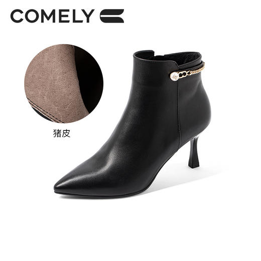康莉时装靴女时尚细跟2021年冬季新款真皮简约高跟职业靴瘦瘦短靴KYQ18800DU01DD1 商品图2