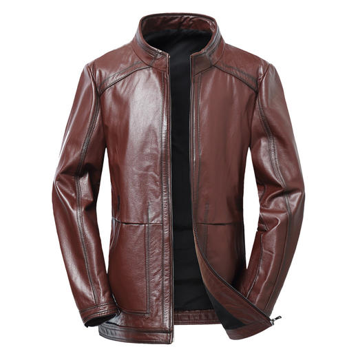 【真皮】大依优型大码皮衣潮款加肥加大牛皮立领夹克外套休闲简约大号皮夹克真皮皮草 商品图0