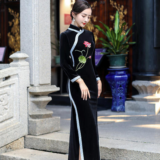 优雅修身，韩国绒长款复古宴会走秀改良旗袍BJ-2194 商品图1