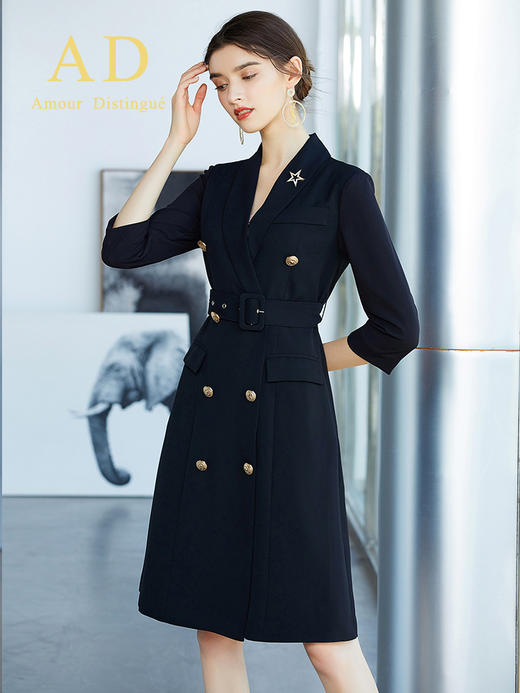 AD高端七分袖双排扣西服连衣裙黑色收腰西装裙职业装售楼工作服 商品图2