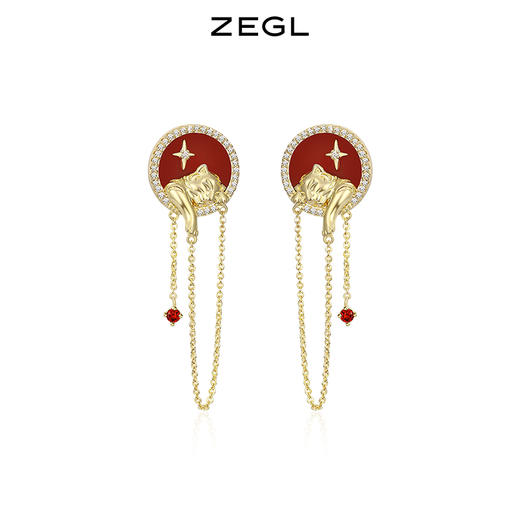 ZEGL设计师虎年本命年贪睡虎耳环女红玛瑙银针耳饰品 商品图0
