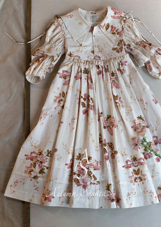 Renlisu ×AS 浅麦色叠领石榴印花露肩袖连衣裙 商品图2