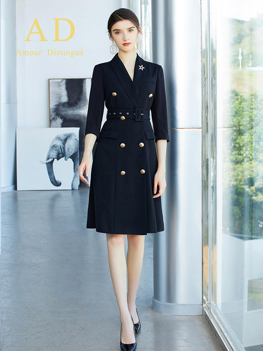 AD高端七分袖双排扣西服连衣裙黑色收腰西装裙职业装售楼工作服 商品图1