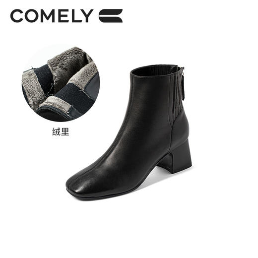 康莉2021年冬季新款时装靴女高跟弹力软羊皮方头法式短靴KYQ18509DU01DD1 商品图2