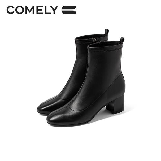 康莉时装靴女 2021年冬季新款软羊皮复古圆头高跟短靴KYQ18601DU01DD1 商品图2