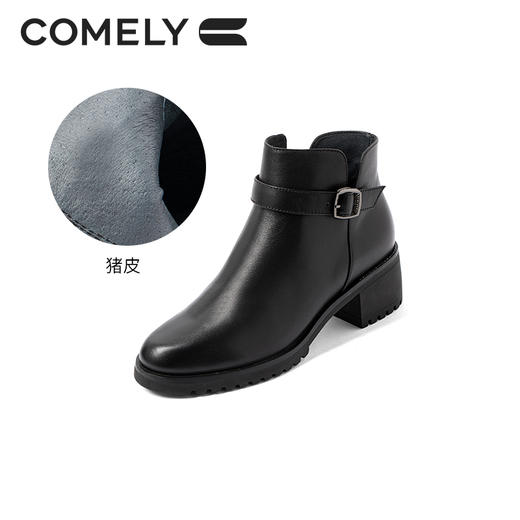 康莉2021冬季新款时装靴女粗跟真皮简约中跟短筒靴子KYQ18512DU01DD1 商品图3