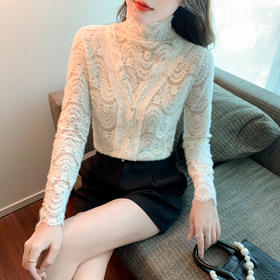 ZY-4194.292638秋冬新款修身显瘦磨毛蕾丝衫百搭半高领打底内搭长袖上衣女