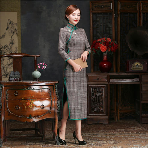 上海旗袍厂TZRY新款时尚旗袍女装 时尚改良格子长款旗袍 秋冬气质格子旗袍 商品图0