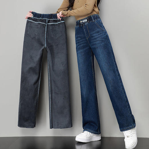 TZM-加绒牛仔裤女宽松显瘦韩版高腰阔腿裤冬款加厚裤子保暖学生直筒裤 商品图3