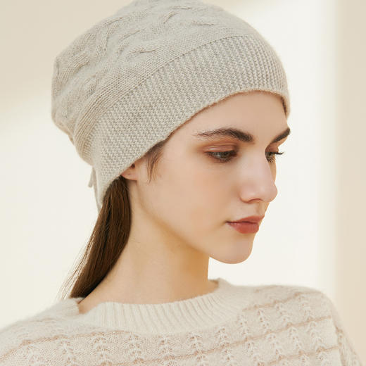 羊绒世家秋冬新品女士羊绒帽子时尚系带时尚百搭针织帽保暖围脖 商品图2