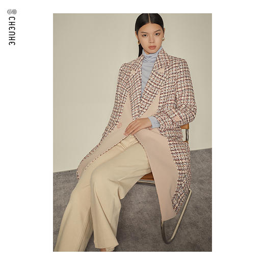 臣禾粉花呢拼接中长款外套9203010777 商品图1