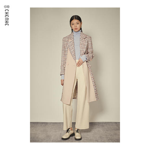 臣禾粉花呢拼接中长款外套9203010777 商品图0