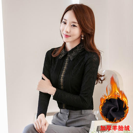 2021秋冬韩版加绒加厚女装打底衫上衣娃娃领长袖蕾丝衫  YX8122 商品图1