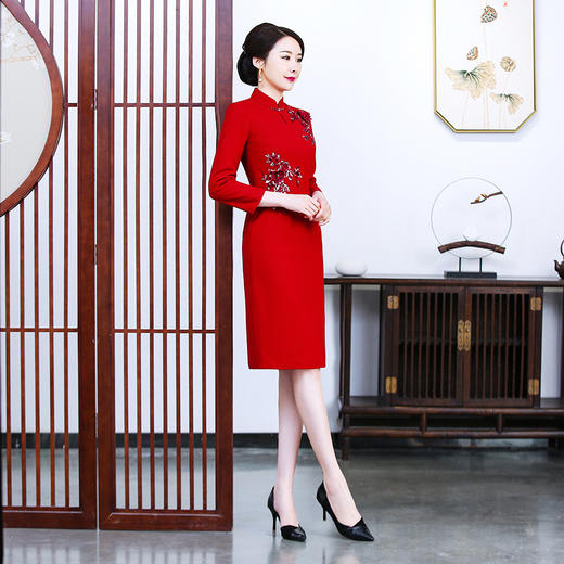 上海旗袍厂TZRY新款秋冬毛尼长袖订花旗袍，喜婆婆婚宴旗袍 商品图1