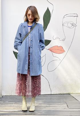 TYNVIE 复古立领中长风衣-牛仔