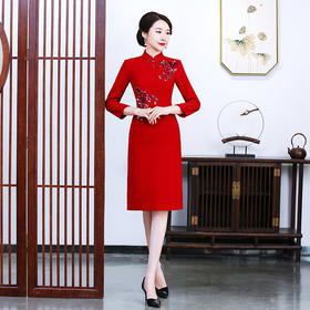 上海旗袍厂TZRY新款秋冬毛尼长袖订花旗袍，喜婆婆婚宴旗袍