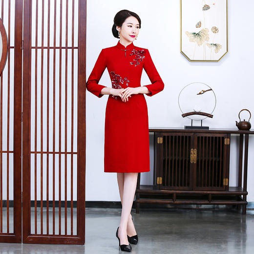 上海旗袍厂TZRY新款秋冬毛尼长袖订花旗袍，喜婆婆婚宴旗袍 商品图0