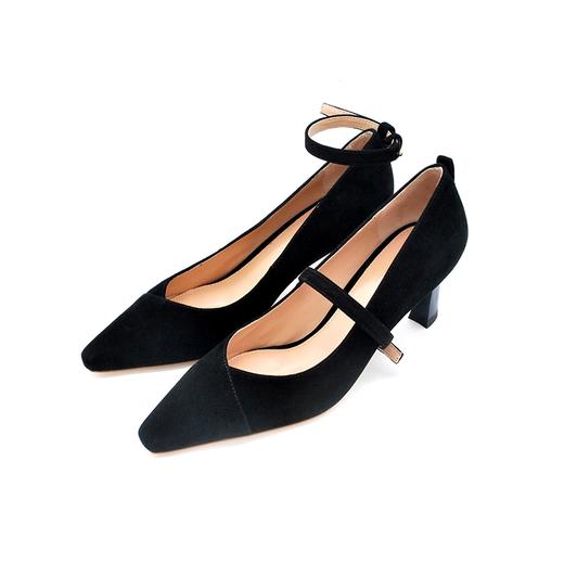 黑色羊猄皮7.5尖头细跟单鞋 商品图0