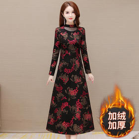 WH-新款加绒加厚网纱拼结连衣裙