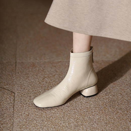 西村名物2021年秋冬爆款牛皮短靴时装靴潮流后拉链小皮靴粗跟女靴X21DS43971 商品图1