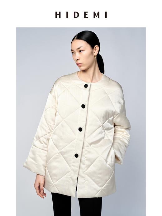 HIDEMI 醋酸系列可拆卸围脖简约设计感菱格棉服大衣 奶昔白/黑色 商品图2