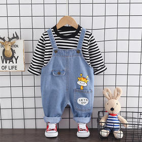 中小童背带裤套装儿童秋装卡通印花长裤条纹长袖T恤童装