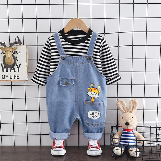 中小童背带裤套装儿童秋装卡通印花长裤条纹长袖T恤童装 商品图0