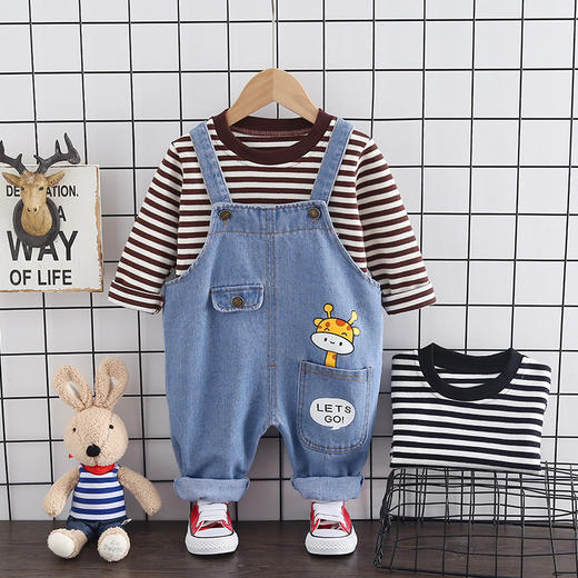 中小童背带裤套装儿童秋装卡通印花长裤条纹长袖T恤童装 商品图2